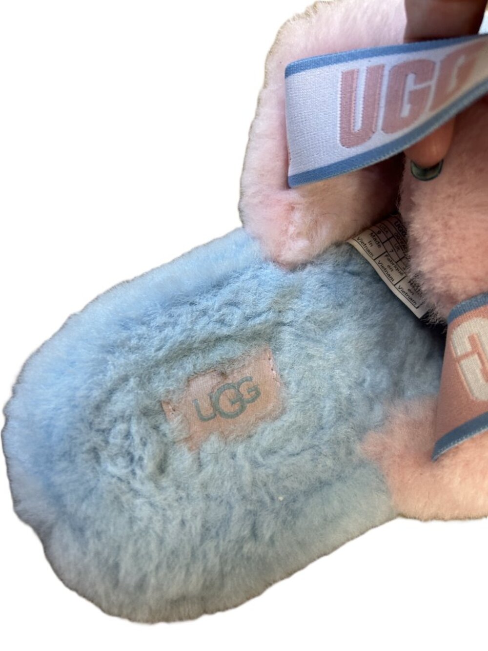 Ugg Fuzzy Plush Pink & Blue Open Toe Slippers 9 - Picture 3 of 5